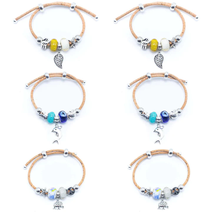 Korkarmband mit Charm - Elefant, Delfin, Blatt