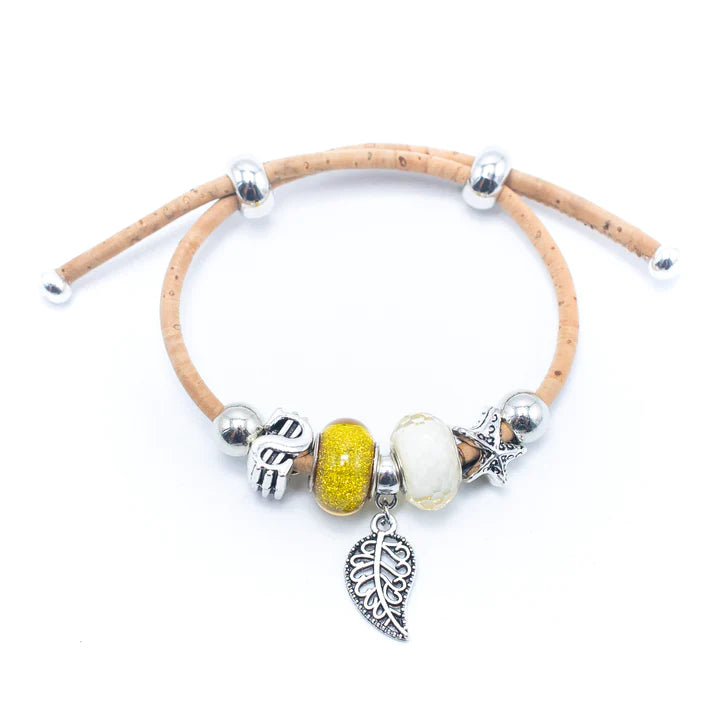 Korkarmband mit Charm - Elefant, Delfin, Blatt