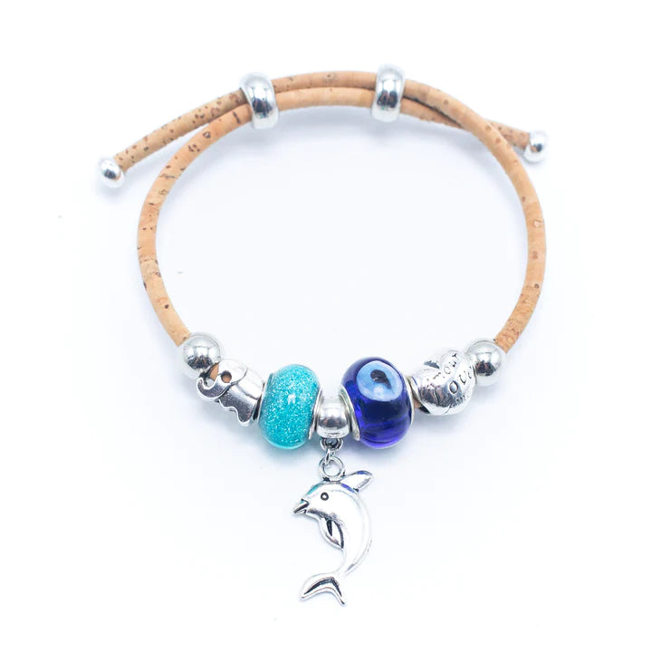 Korkarmband mit Charm - Elefant, Delfin, Blatt