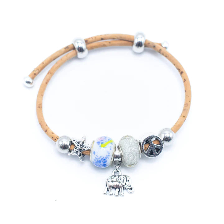 Korkarmband mit Charm - Elefant, Delfin, Blatt